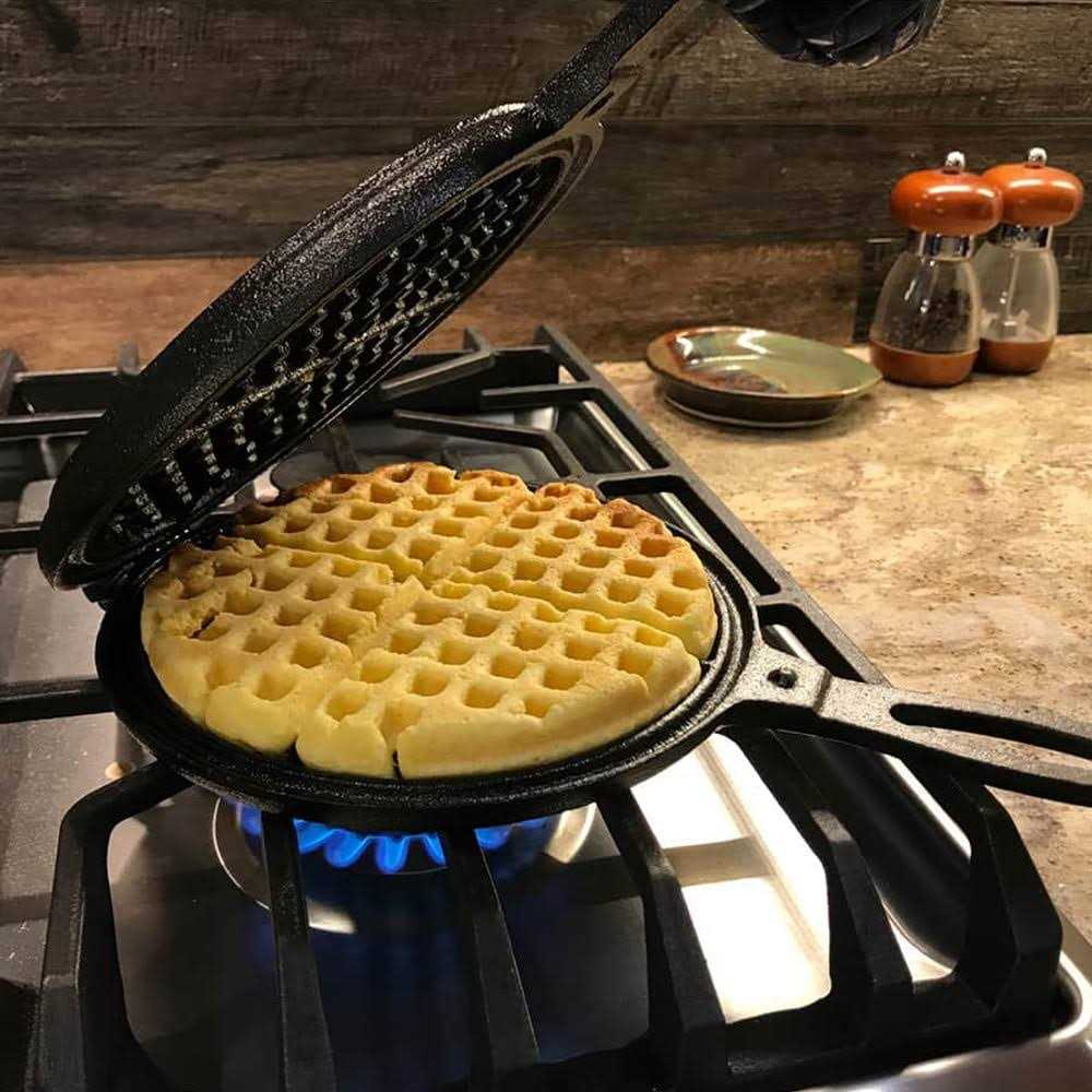Lehman's Pre-Seasoned Cast Iron Stovetop Waffle Maker, 2 Piece, Makes 7 in Round Waffles