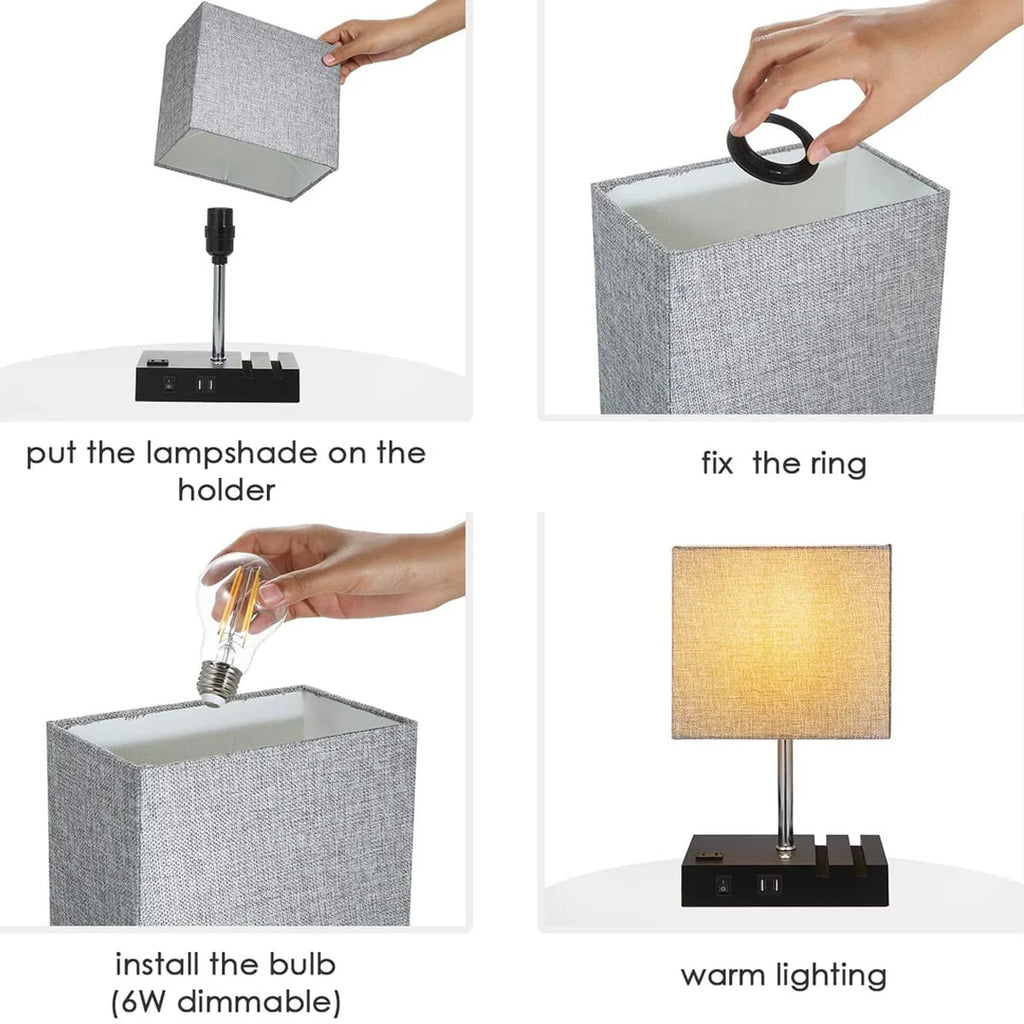 Touch Control Table Lamp With 2 USB Ports, 1 AC Outlet, 2 Phone Stands, Black Wooden Base And Grey Shade