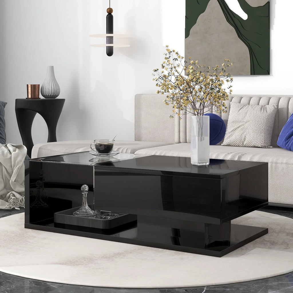 JQCX Modern Coffee Table With Tempered Glass, High-Gloss UV Surface And 2-Tier Storage