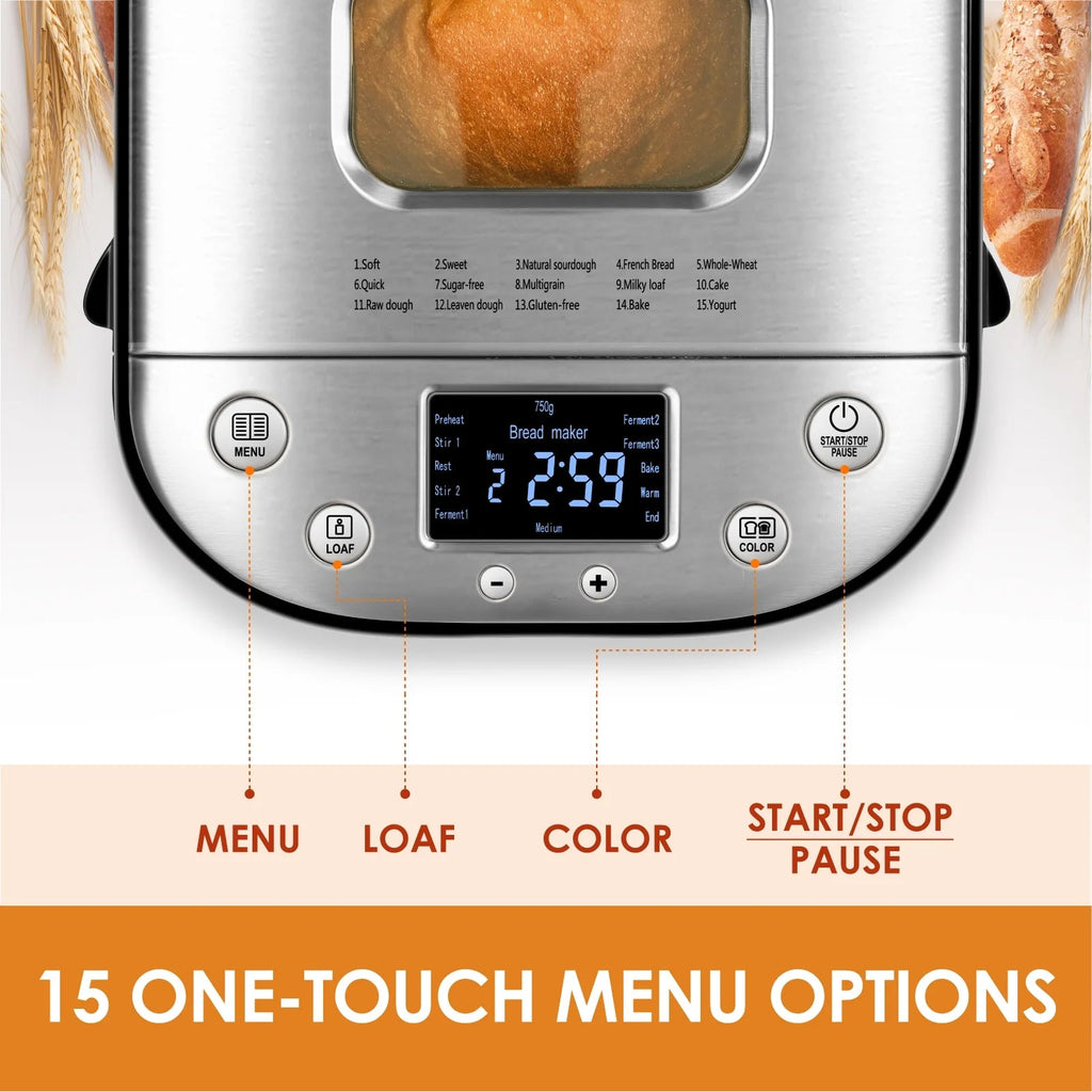 Kitchen in the box 15-in-1 Bread Machine, 2LB Stainless Steel, Silver