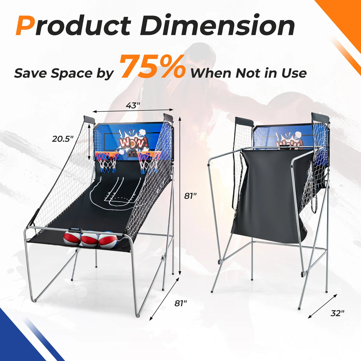 Costway Dual Shot Basketball Arcade Game, Blue, 8 Game Modes, 81in x 43in x 81in