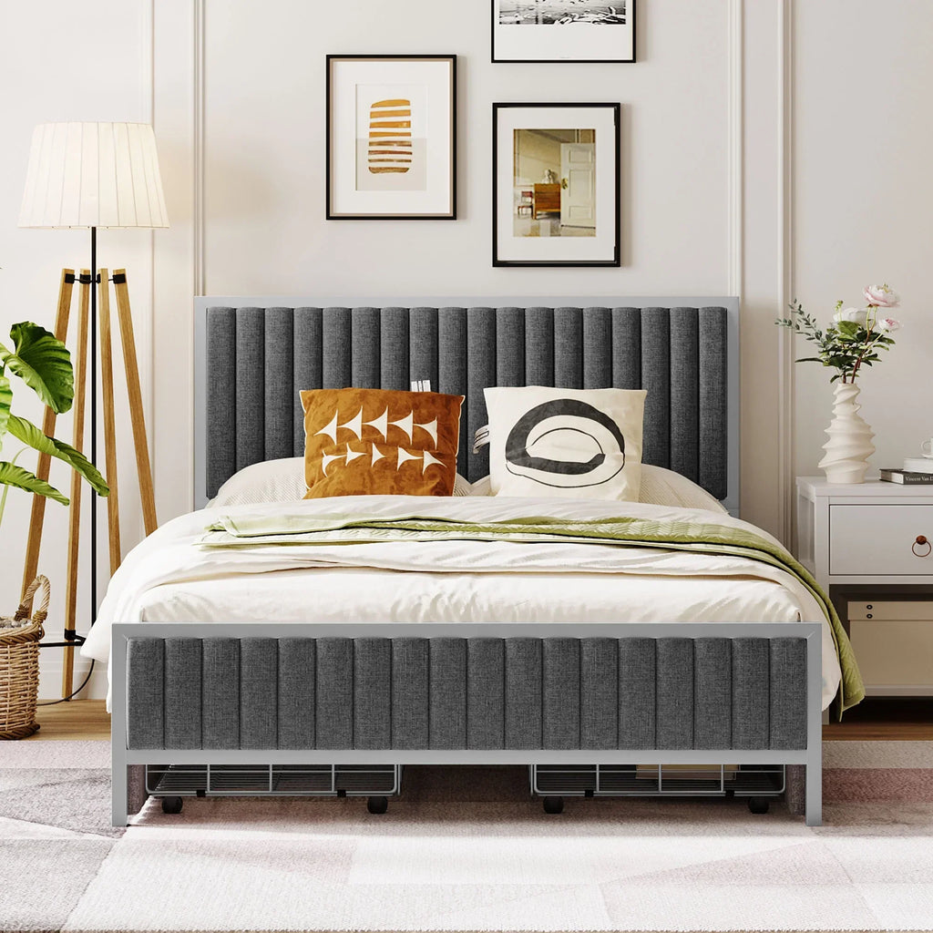 Roomfitters Full Size Upholstered Metal Platform Bed With 4 Drawers, Linen Fabric, Gray - 76.6in L x 55.7in W x 41.7in H