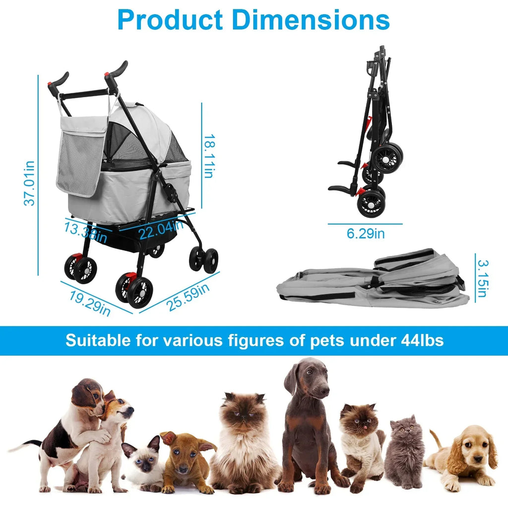 iMounTEK 4-Wheel Foldable Pet Stroller With Removable Liner And Storage Basket - Gray