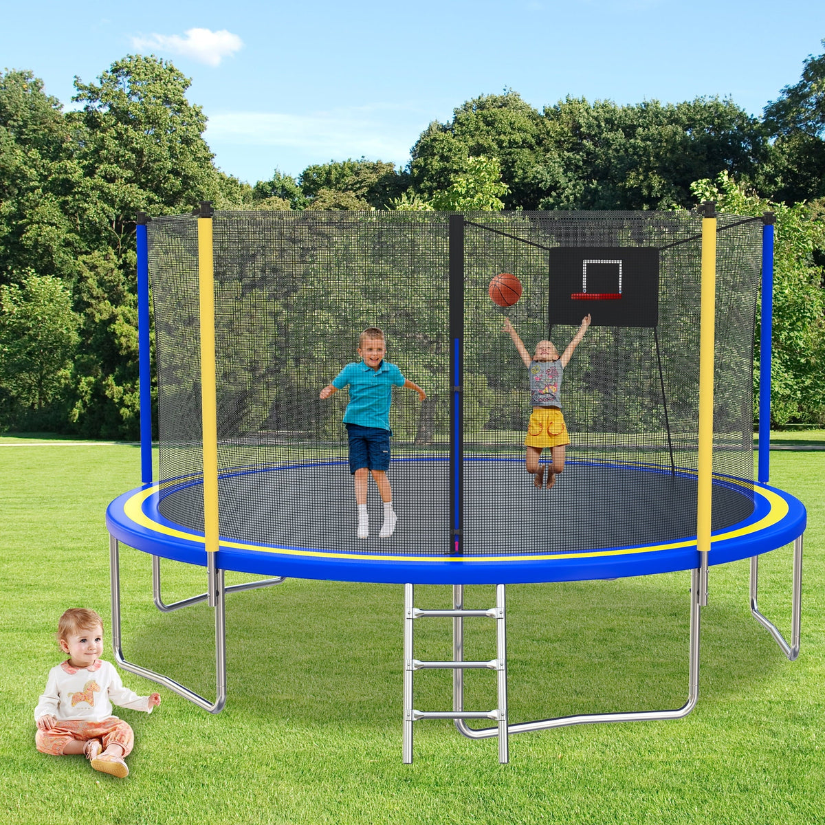 SHINPT 14ft Outdoor Trampoline With Safety Net, Basketball Hoop And Ladder