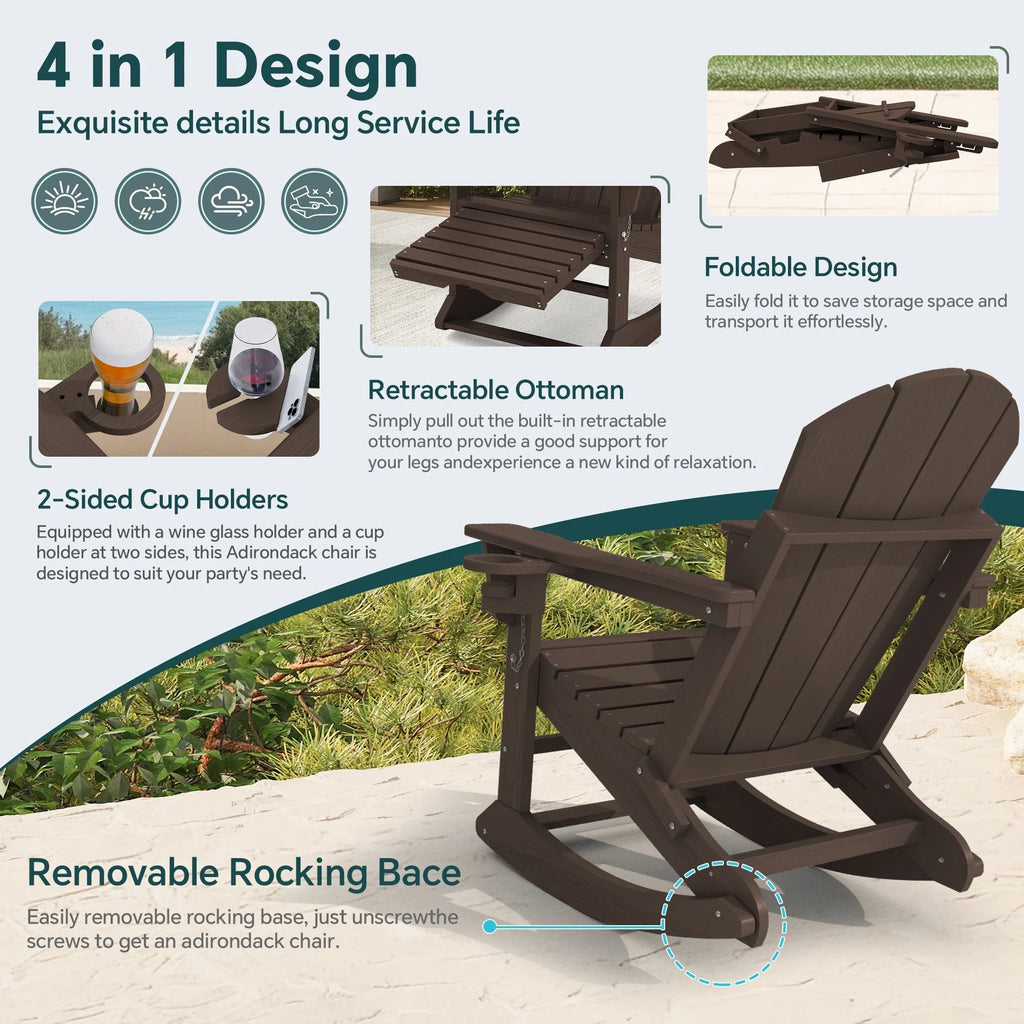 KINGYES Folding Adirondack Rocker Chair Set Of 2 With Footrest And Dual Cup Holders - Black