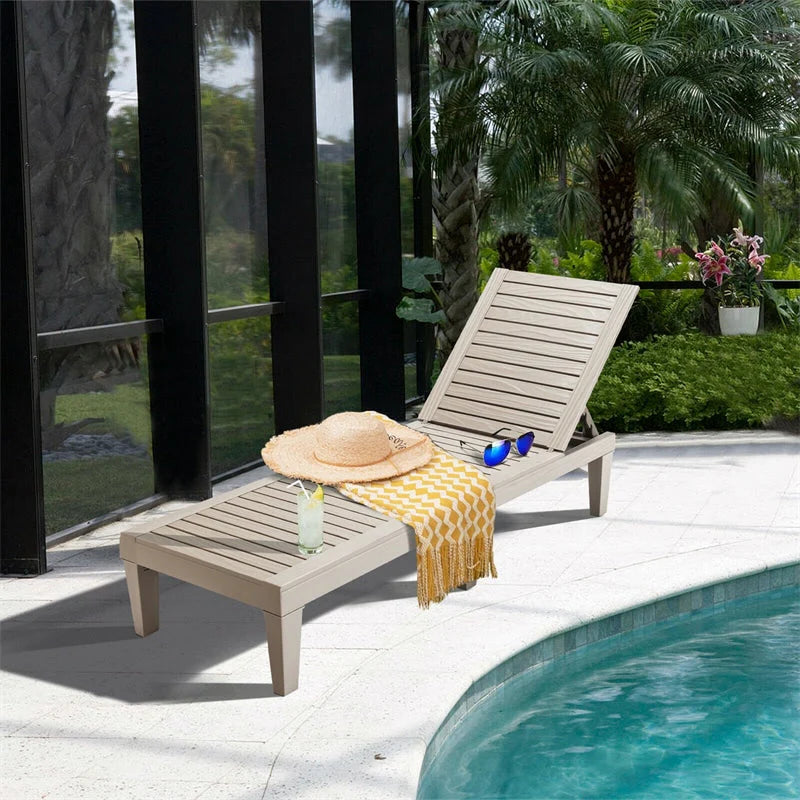 Outdoor Patio Chaise Lounge Chair Recliner - Adjustable 5 Positions, Wood Texture Design
