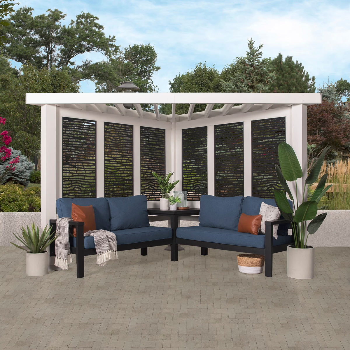 Backyard Discovery Galvanized Steel Corner Pergola With Seating, White, 12x8' - Ridgedale