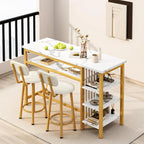 3-Piece White Faux Marble Bar Table And Chairs Set With 2 PU Cushion Bar Stools And 3-Tier Storage Shelves - Gold Frame