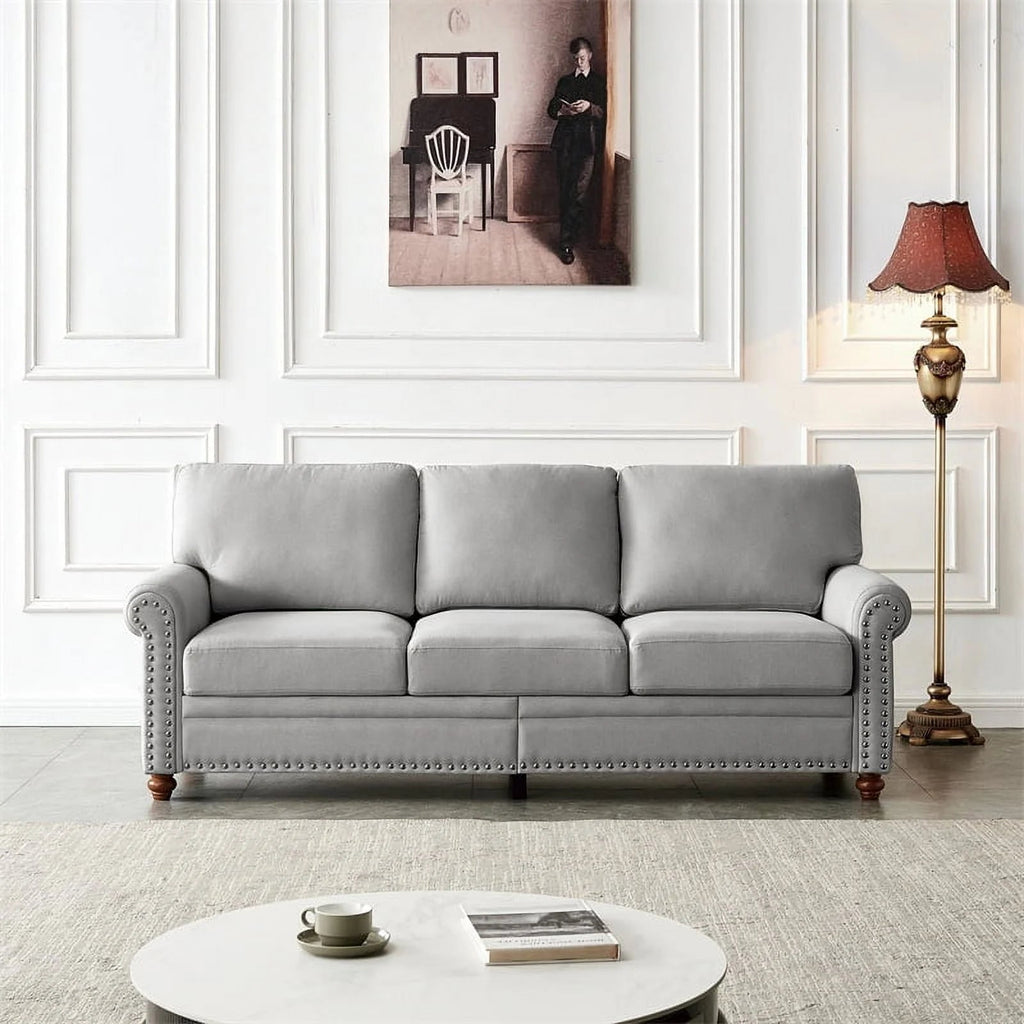 3 Seater Linen Fabric Tufted Accent Sofa, 82.6 in, Grey - Curved High Back