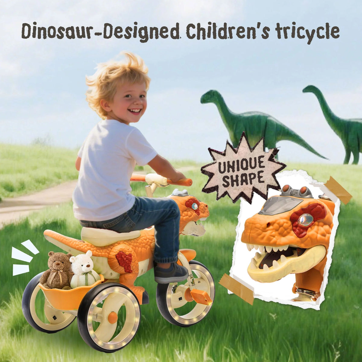 Xuanlur Kids' Dinosaur Tricycle With Flash Wheels, Music And LED Lights - Green