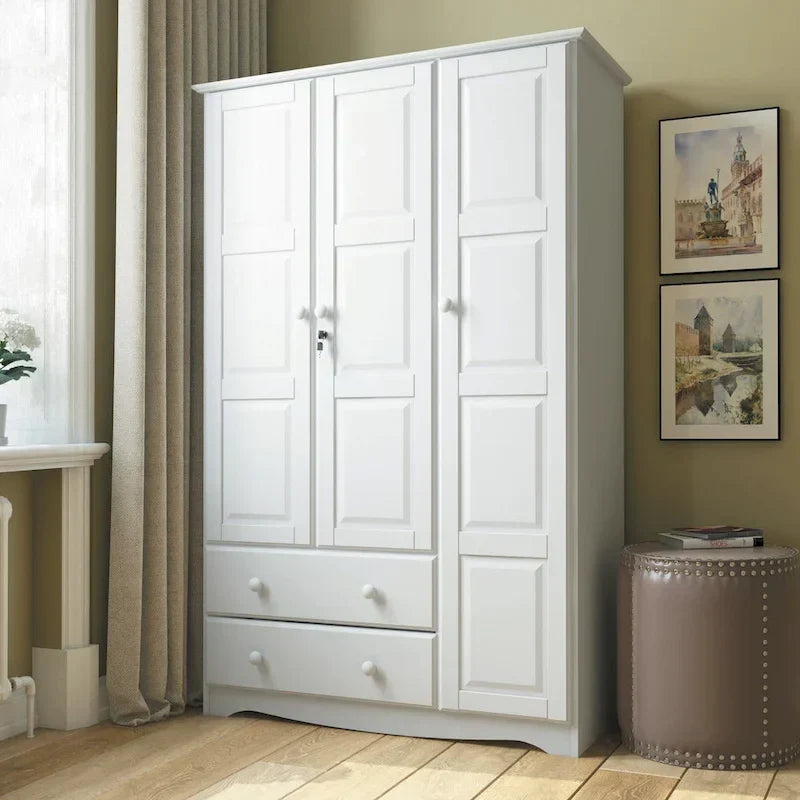 3-Door Solid Wood Wardrobe Armoire With 2 Drawers - 72in H x 45.8in W x 20.75in D