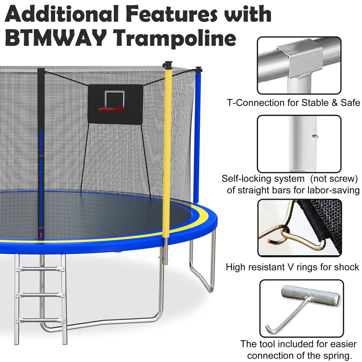 SHINPT 14ft Outdoor Trampoline With Safety Net, Basketball Hoop And Ladder