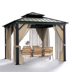 10x10 Hardtop Gazebo With Double Metal Roof, Aluminum Frame, Net And Curtain - Khaki