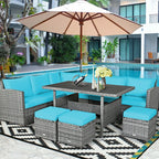 7-Piece Rattan Patio Dining Set With 3 Corner Chairs, 3 Ottomans And Table