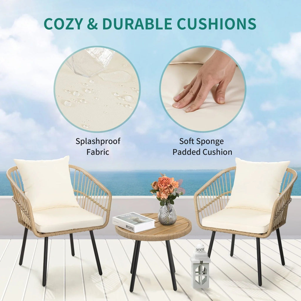 DEXTRUS 3-Piece Outdoor Patio Wicker Bistro Set With Soft Cushions