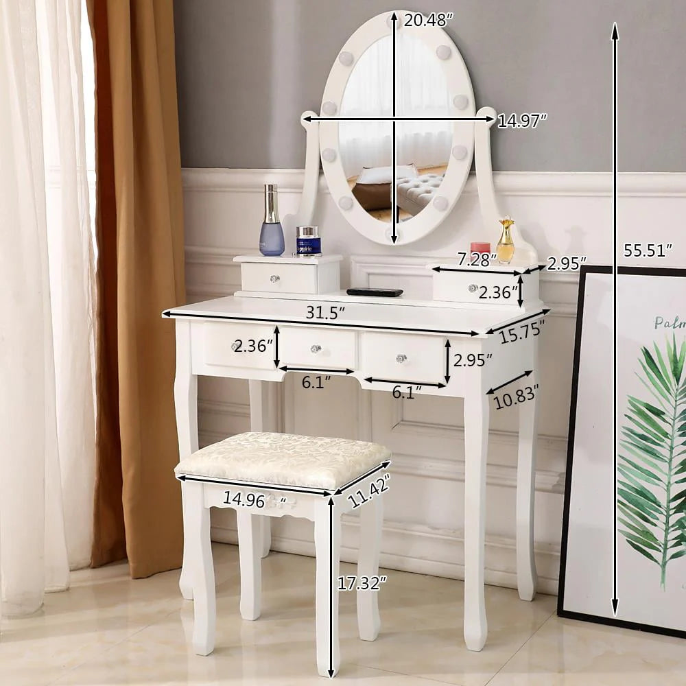 Ktaxon Vanity Table Set With 10 LED Lights, 5 Drawers, Cushioned Stool, White