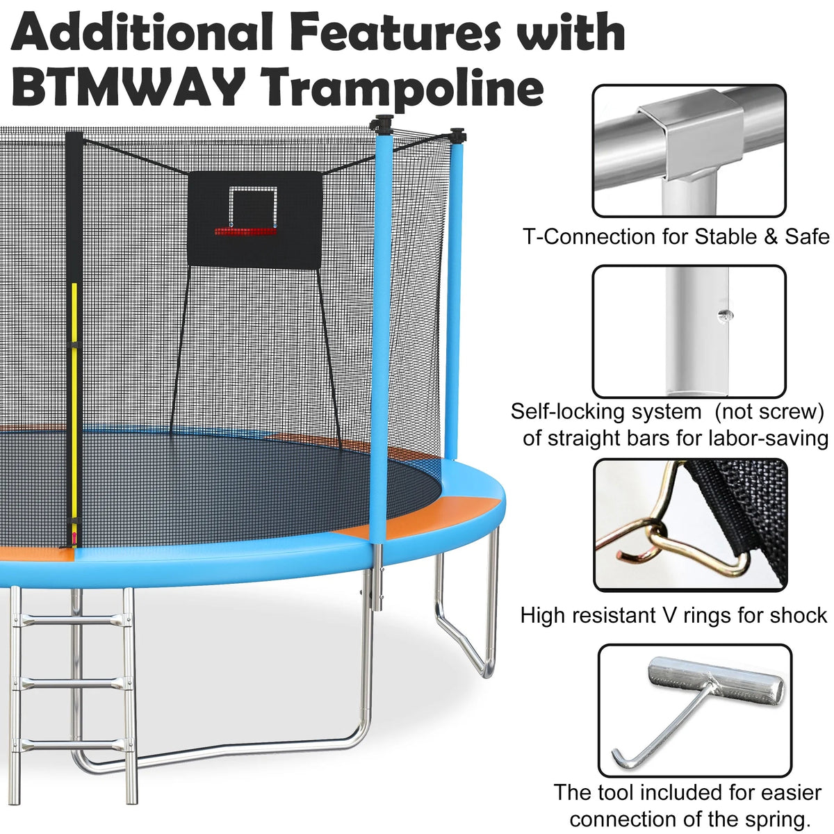 SHINPT 14ft Outdoor Trampoline With Safety Net, Basketball Hoop And Ladder