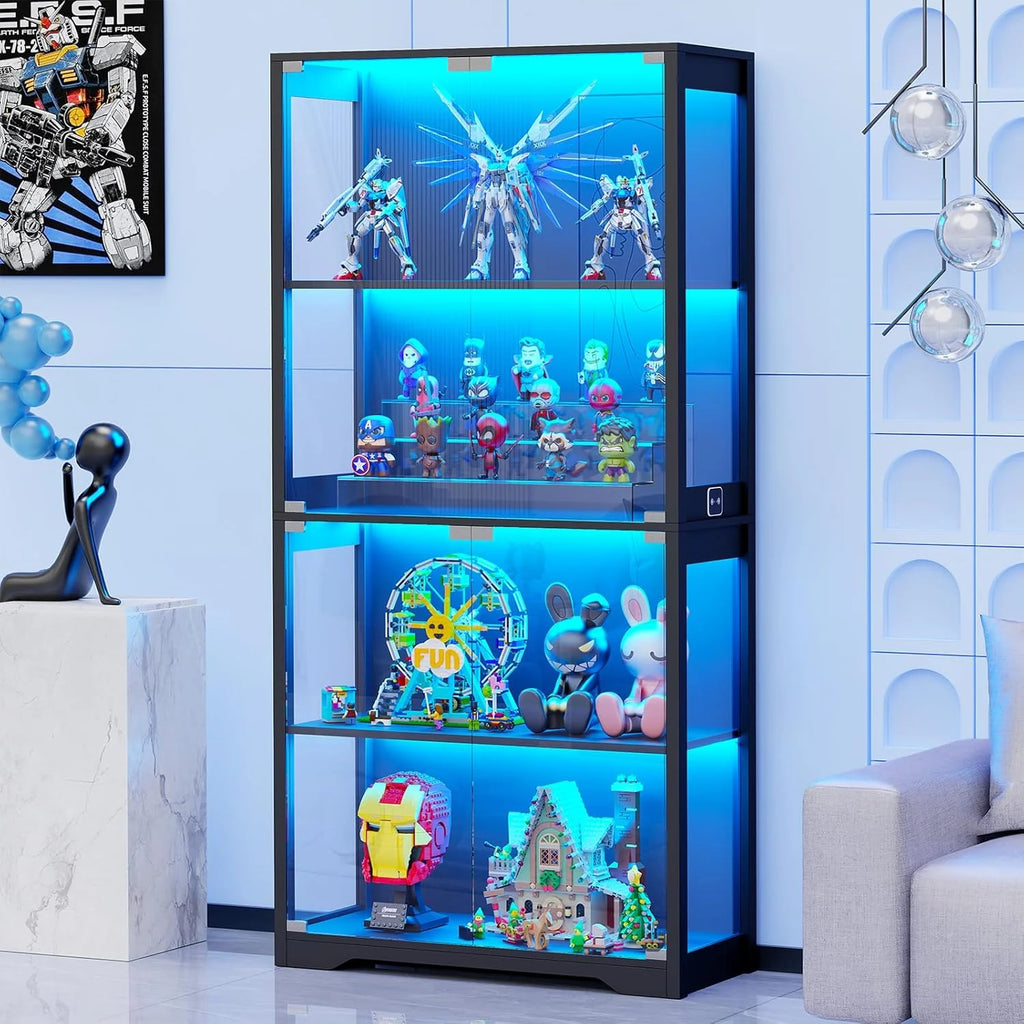 Glass Door Curio Display Cabinet, 4-Tier, Black, 3 Color Lights - GCC