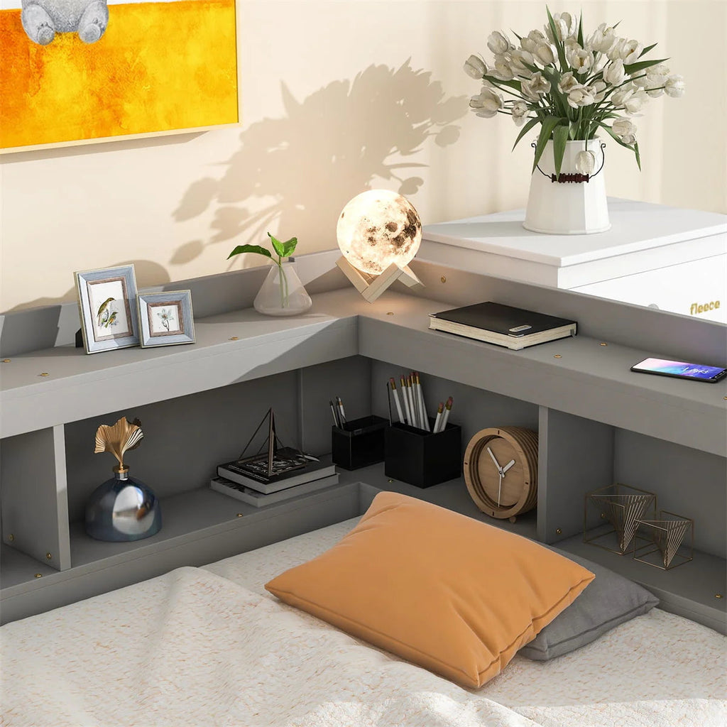 Twin Solid Wood Platform Daybed With L-Shaped Bookcases And 2 Drawers, Gray - 85.20 x 50.40 x 36.70 in
