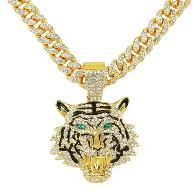 Tiger Head Pendant Necklace With Green Eyes, 13mm Cuban Link Chain, 20in - Gold Or Silvery