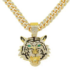 Tiger Head Pendant Necklace With Green Eyes, 13mm Cuban Link Chain, 20in - Gold Or Silvery