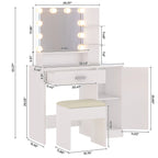 Ktaxon Vanity Makeup Table With Stool, 3-Color Lighted Mirror, 3 Shelves, Drawers, White - 35.43 x 15.55 x 29.53-53.27 in