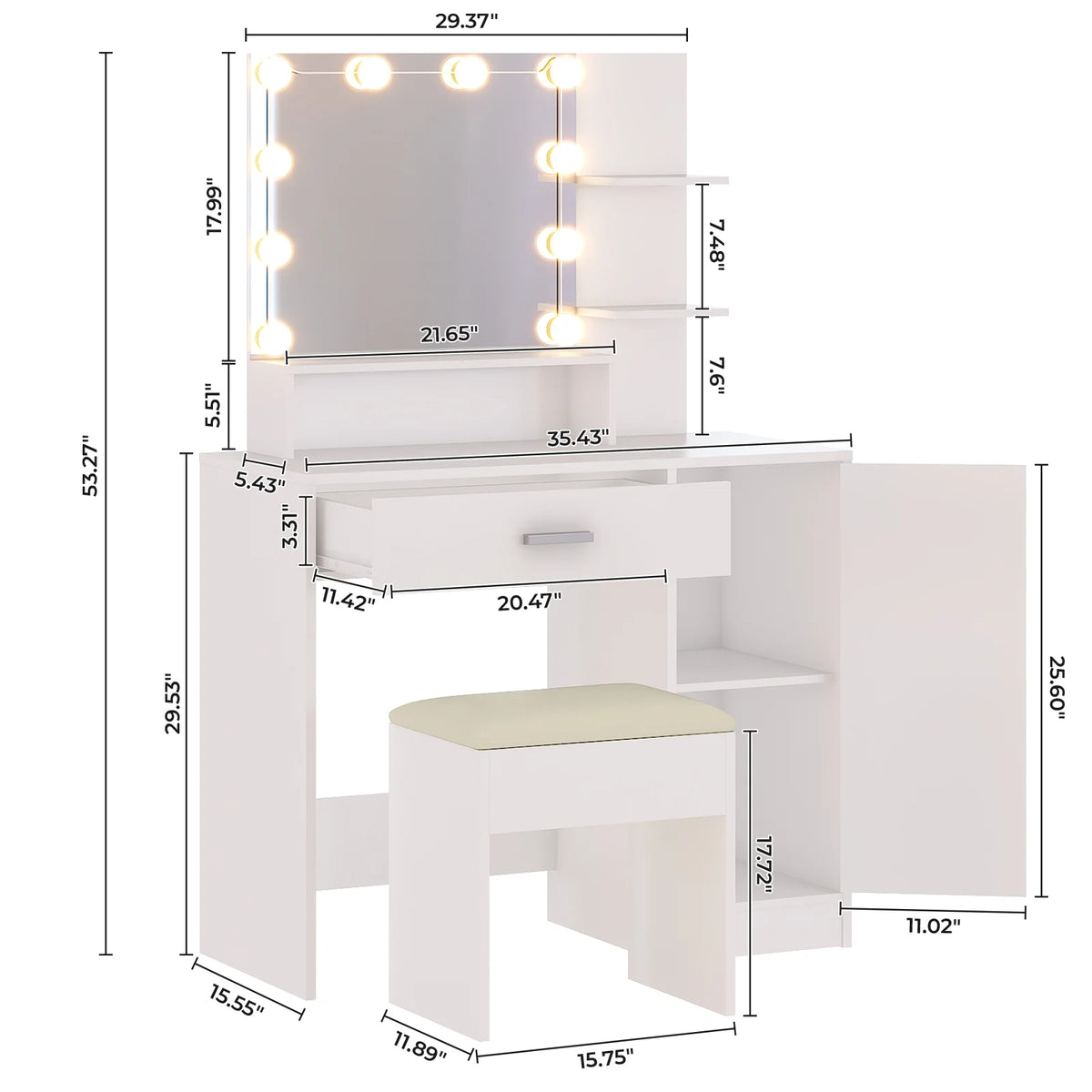 Ktaxon Vanity Makeup Table With Stool, 3-Color Lighted Mirror, 3 Shelves, Drawers, White - 35.43 x 15.55 x 29.53-53.27 in