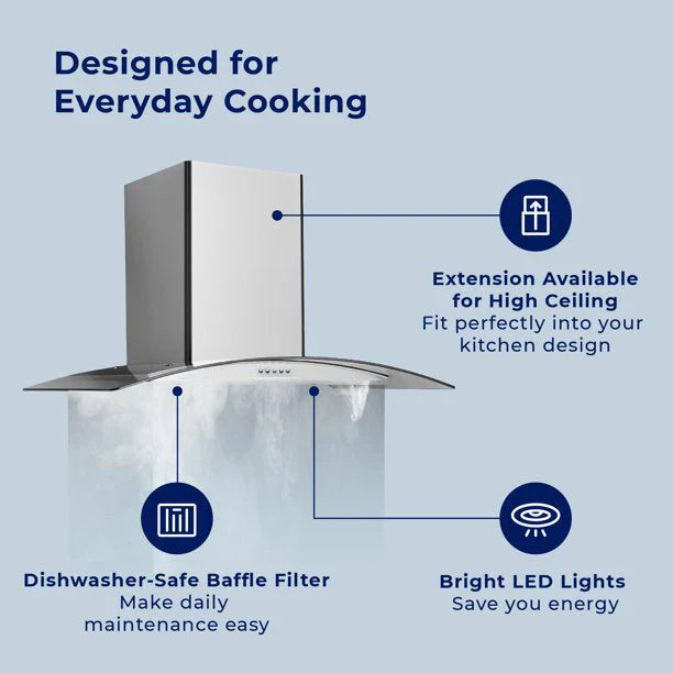 Wall Mount Range Hood 30 inch Convertible Tempered Glass 3-Speed 450 CFM - 3375B