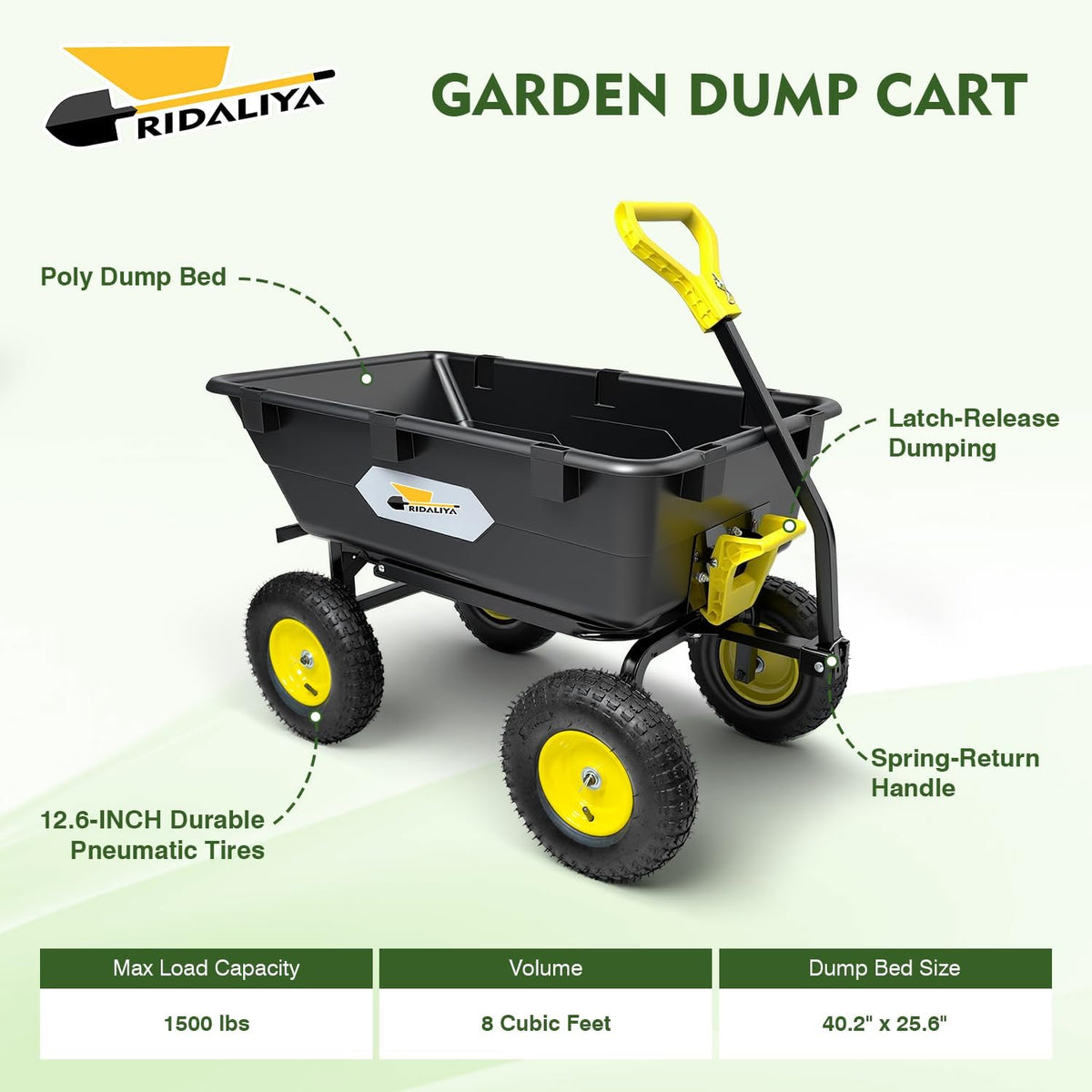 RIDALIYA Garden Dump Cart Utility Wagon, 600 lbs Or 1200 lbs Capacity, 6 Cu Ft Bed, 12.6-inch Pneumatic Tires, 180-Degree Pivot Steering