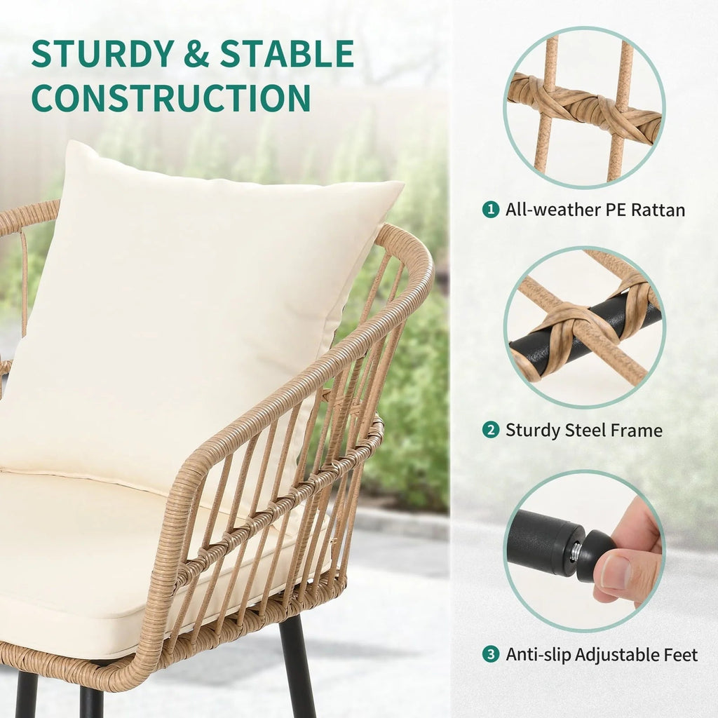 DEXTRUS 3-Piece Outdoor Patio Wicker Bistro Set With Soft Cushions