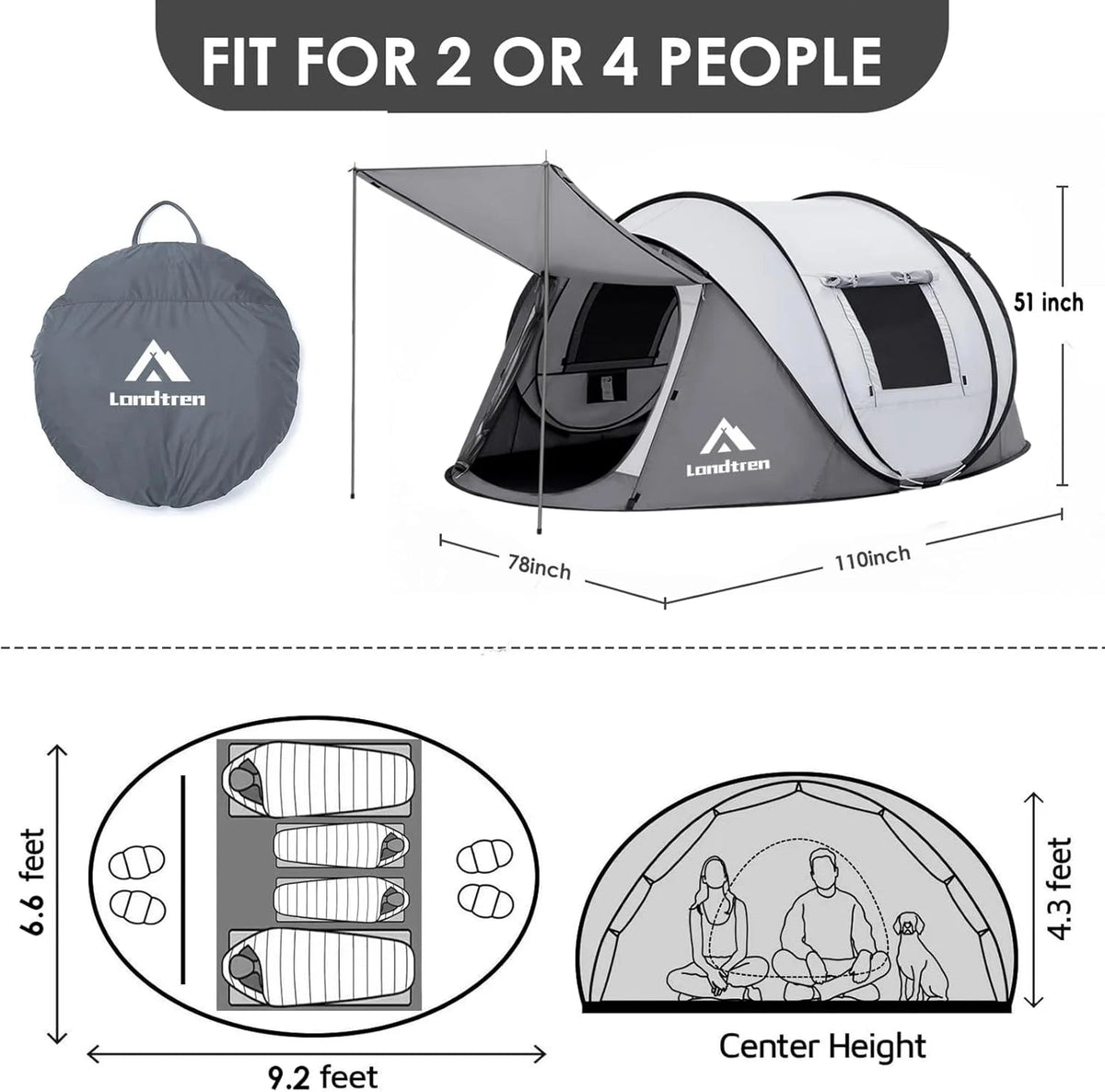 4 Person Pop-Up Camping Tent, Waterproof, 2 Doors, Automatic Setup