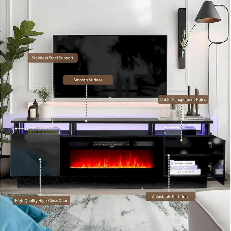70 Inch TV Stand With 36 Inch Electric Fireplace And Adjustable Shelves
