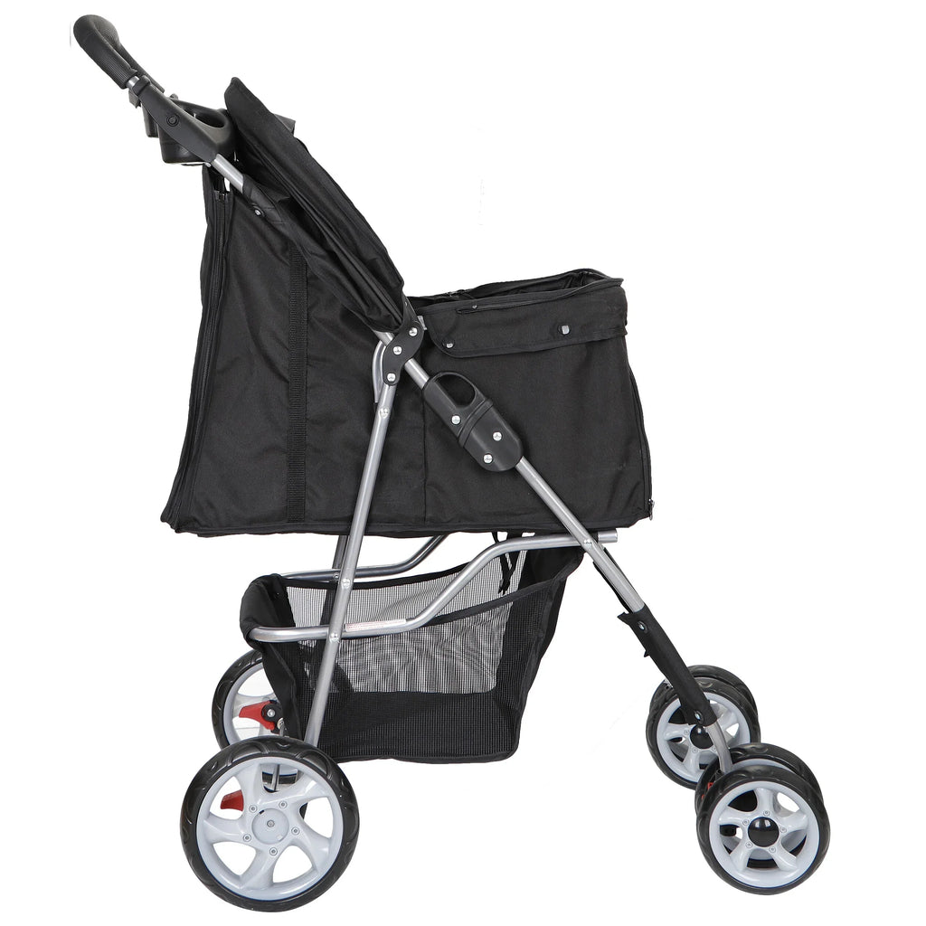 HomGarden 4 Wheel Foldable Pet Stroller Carrier Cart With Storage Basket And Cup Holder - Black