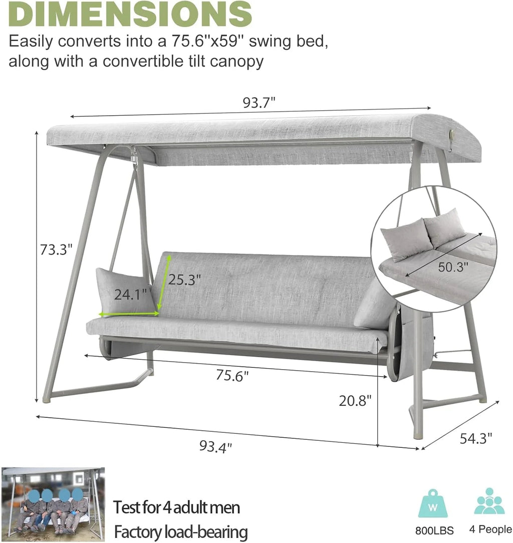TQKVIPI 4 Person Outdoor Porch Swing Bed With Adjustable Backrest Canopy - 800 lbs Capacity