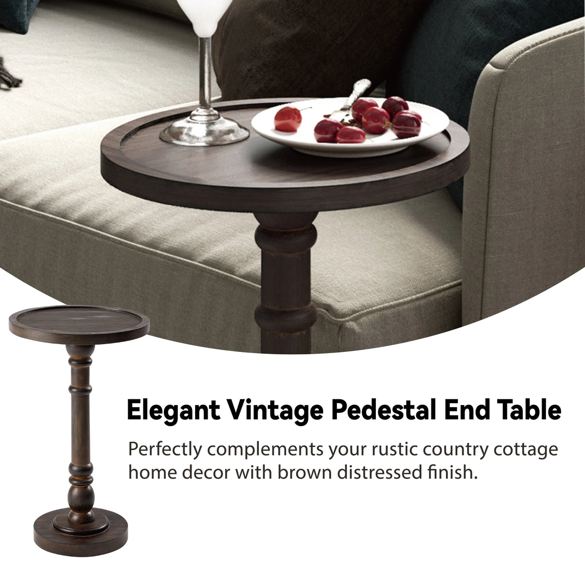 Pedestal End Table With Round Tray Top And Distressed Finish