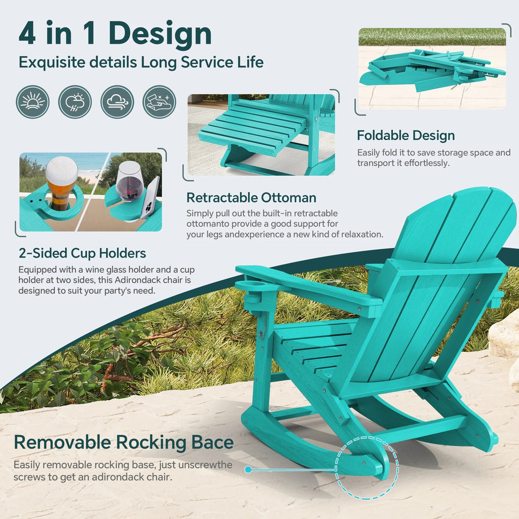 KINGYES Folding Adirondack Rocker Chair Set Of 2 With Footrest And Dual Cup Holders - Black