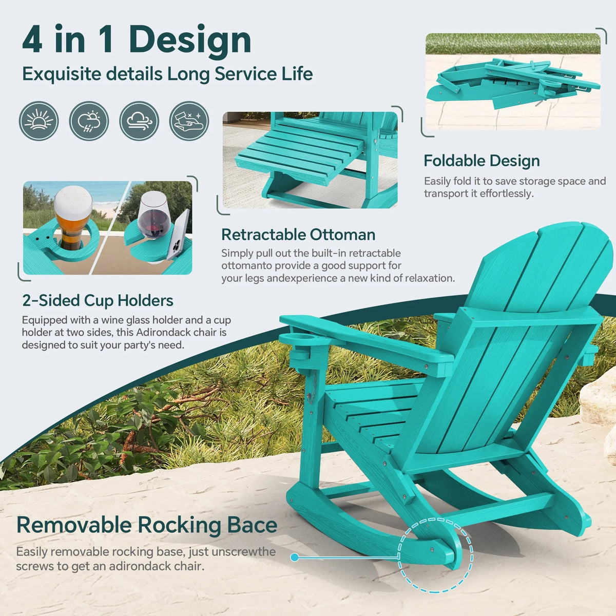 KINGYES Folding Adirondack Rocker Chair Set Of 2 With Footrest And Dual Cup Holders - Black