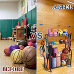 Garage Sports Equipment Storage Organizer, Steel, 36.2in x 16.5in x 44.3in - 2 Bins, 1 Basket, 1 Ball Rack