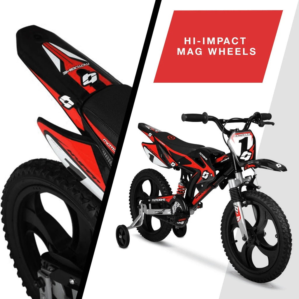 Hyper Bicycles 16 Inch Kids Motobike With Mag Wheels, Training Wheels, Black/Red