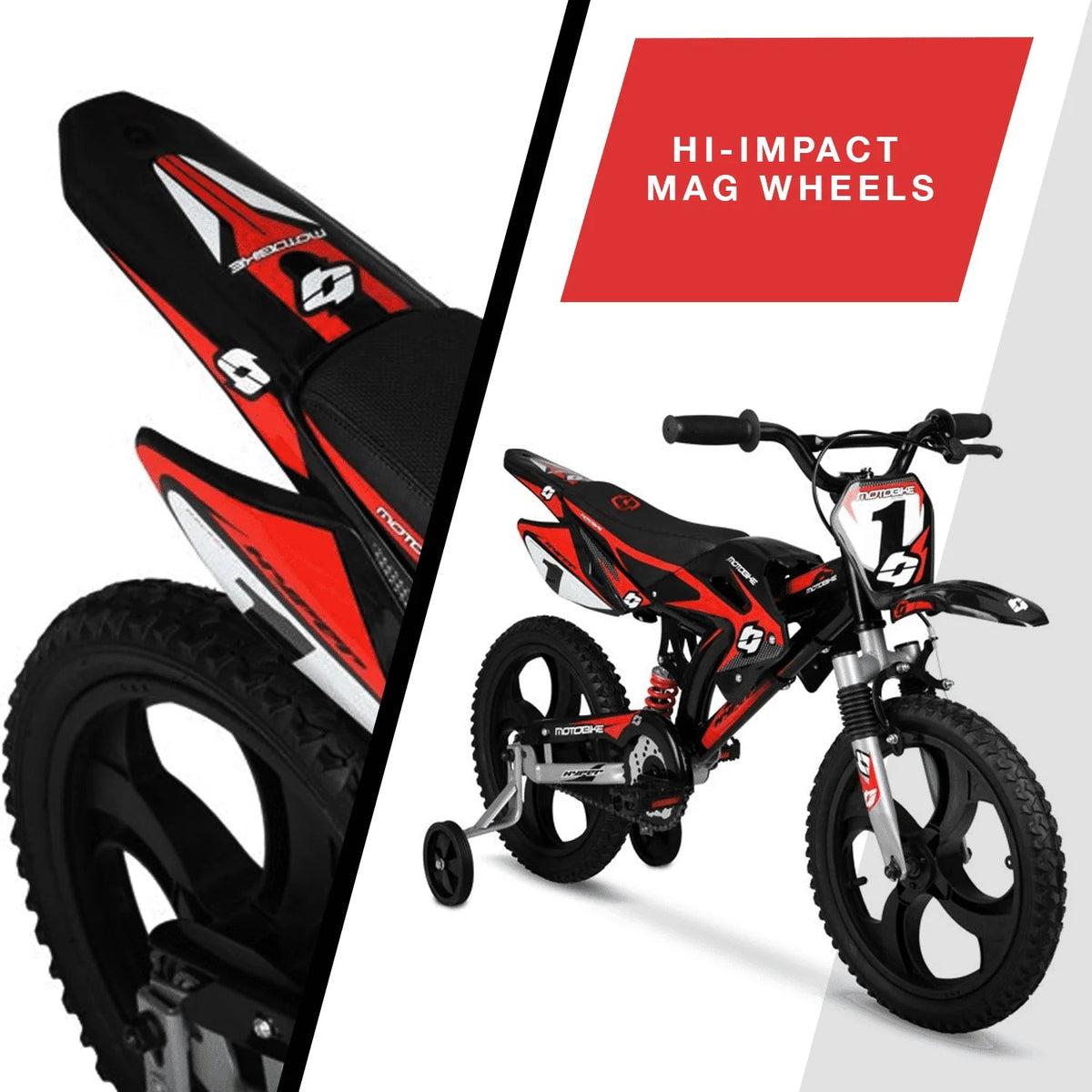 Hyper Bicycles 16 Inch Kids Motobike With Mag Wheels, Training Wheels, Black/Red