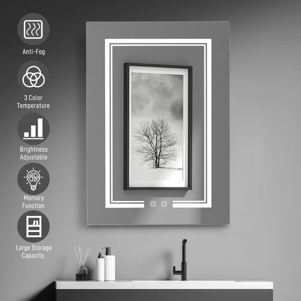 LED Bathroom Wall Cabinet With Single Door Mirror, White, 28*20in