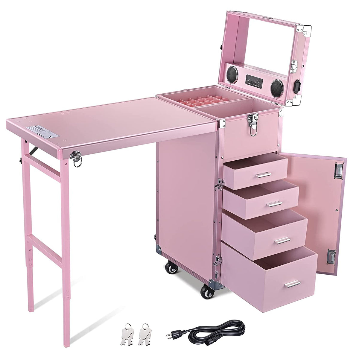 BYOOTIQUE Mobile Nail Station Rolling Makeup Train Case With Mirror, 4 Drawers - Pink