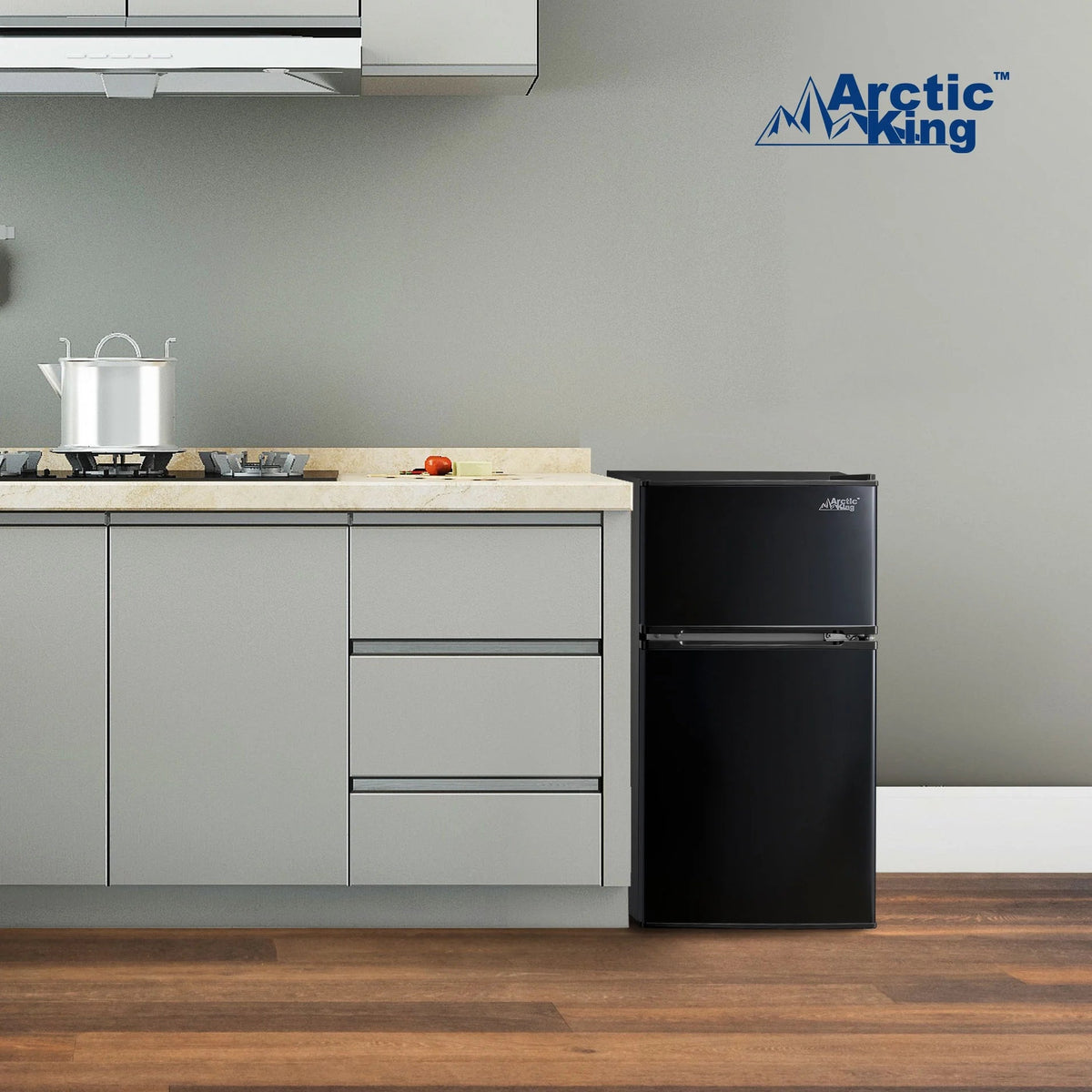Arctic King Two-Door Mini Fridge With Freezer, 3.2 Cu ft, 18.5 in x 19.4 in x 33.3 in, Stainless Steel - E-Star