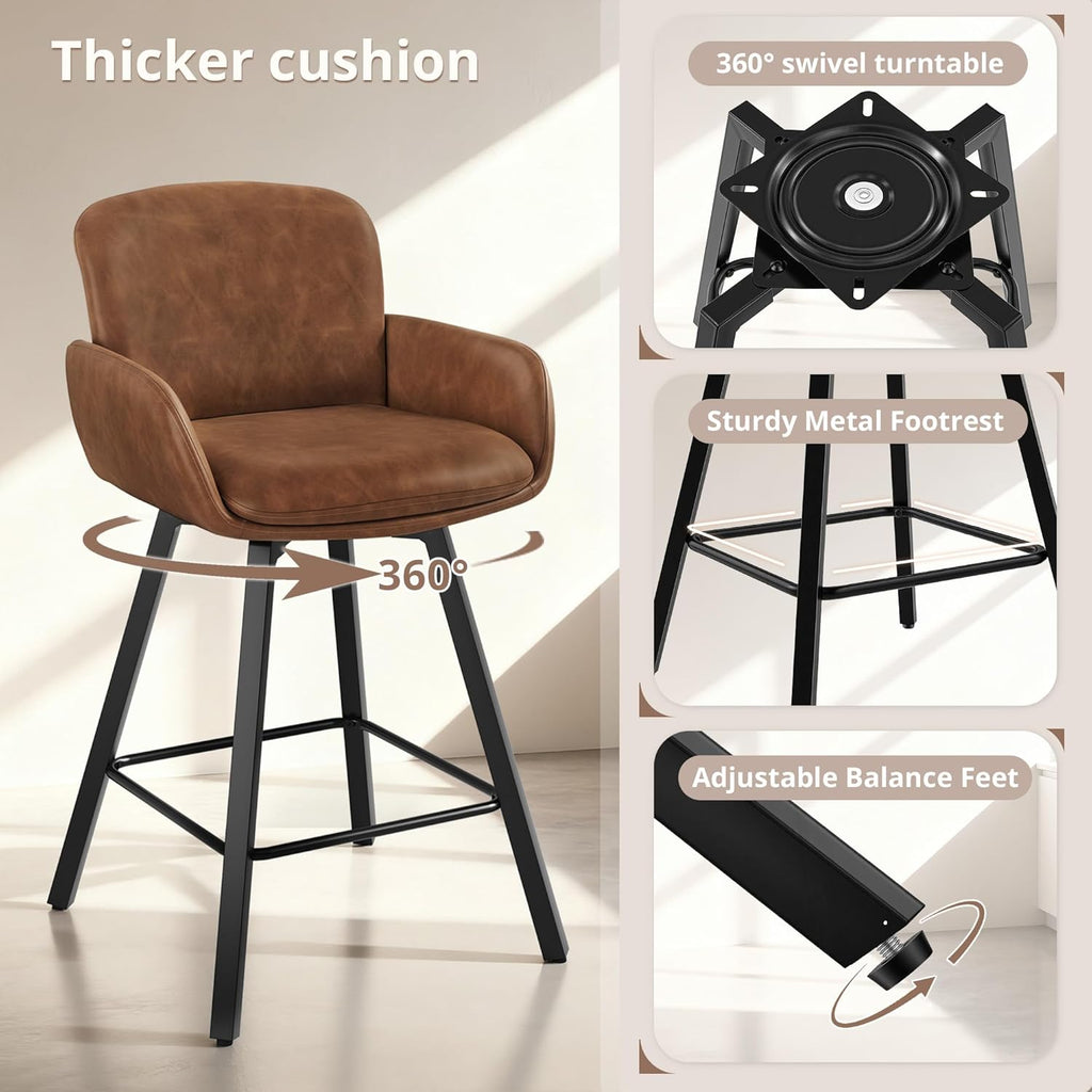 LUE BONA Counter Height Swivel Bar Stools With Backrest And Arms, 26 in, Set Of 6, Brown