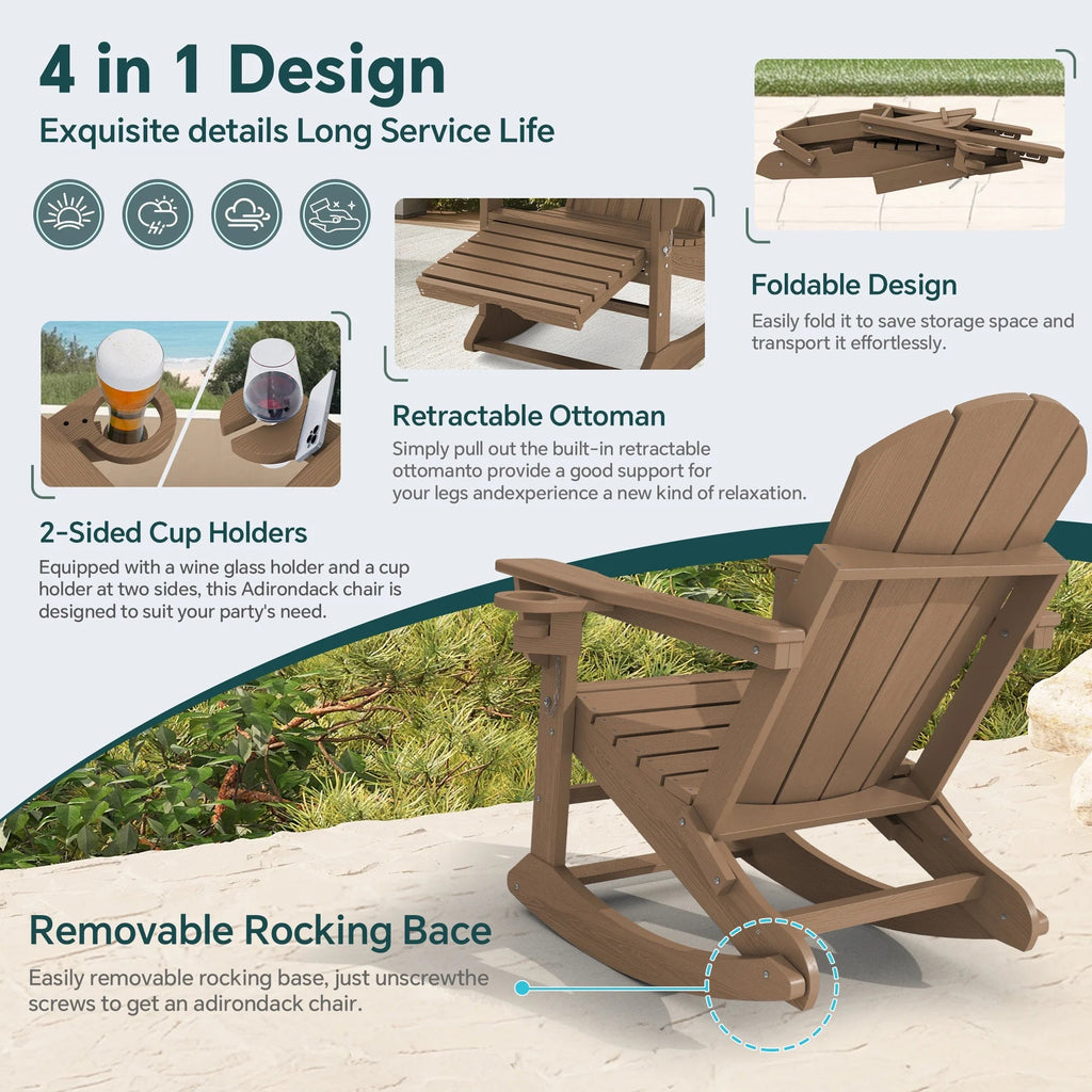 KINGYES Folding Adirondack Rocker Chair Set Of 2 With Footrest And Dual Cup Holders - Black