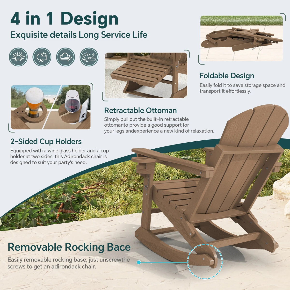 KINGYES Folding Adirondack Rocker Chair Set Of 2 With Footrest And Dual Cup Holders - Black