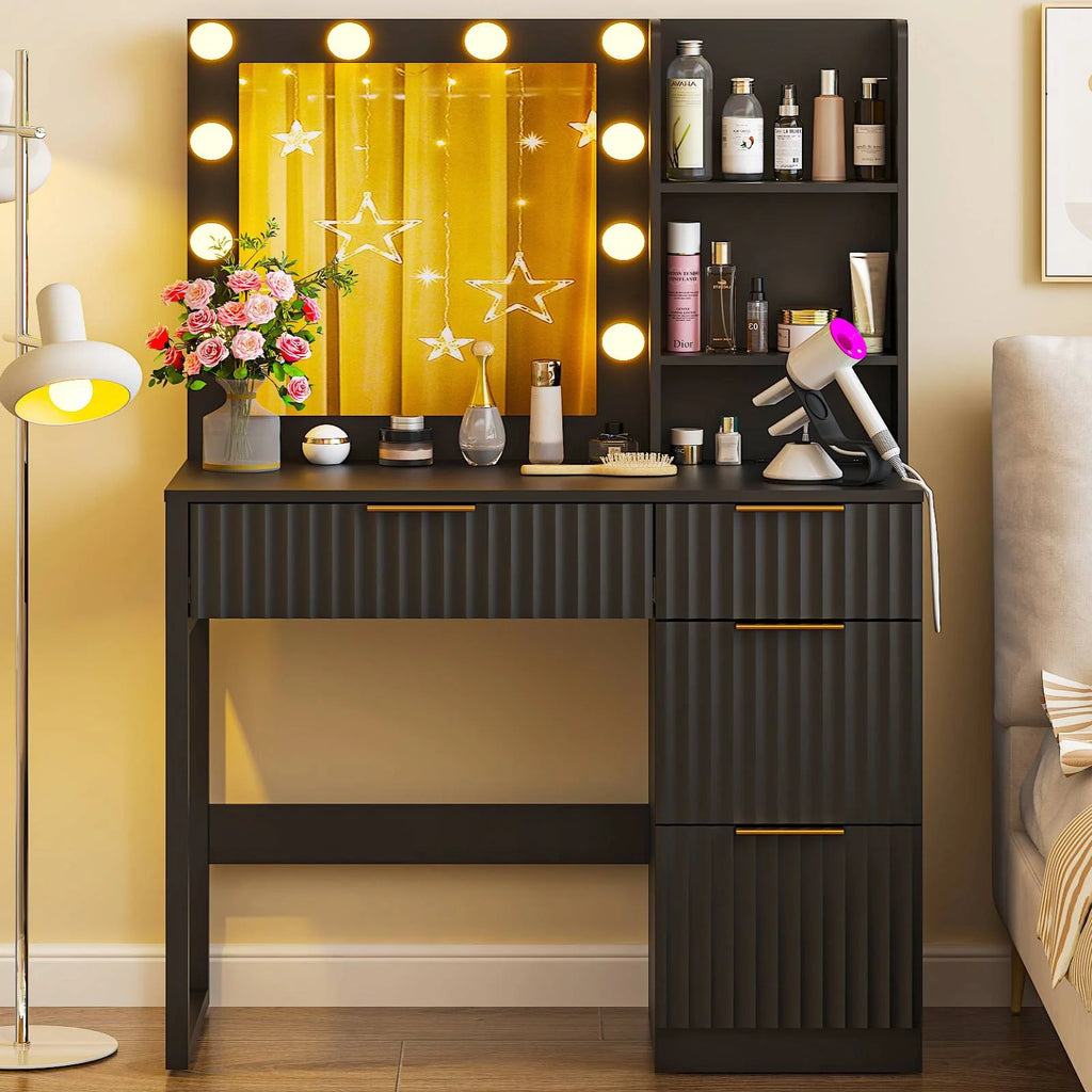 Ktaxon Vanity Makeup Table With Stool, 3-Color Lighted Mirror, 3 Shelves, Drawers, White - 35.43 x 15.55 x 29.53-53.27 in