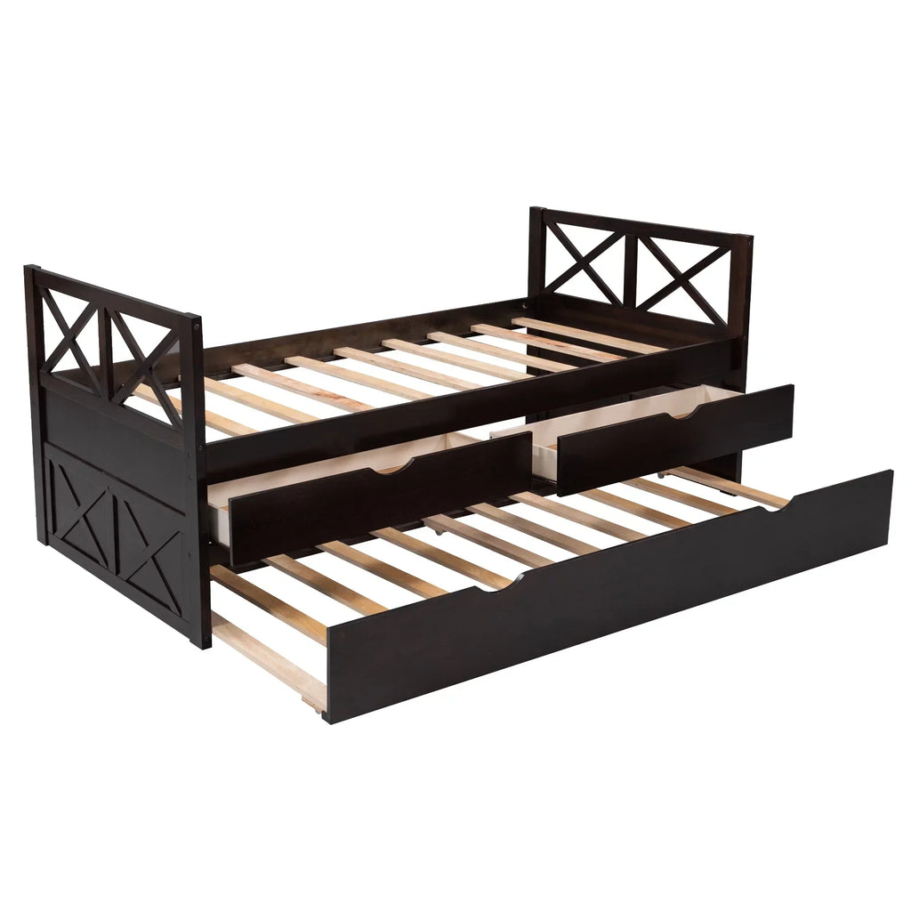 Captain Wood Twin Bed With Trundle And 3 Drawers, Brown, 78.9 in L x 42.7 in W x 36.2 in H
