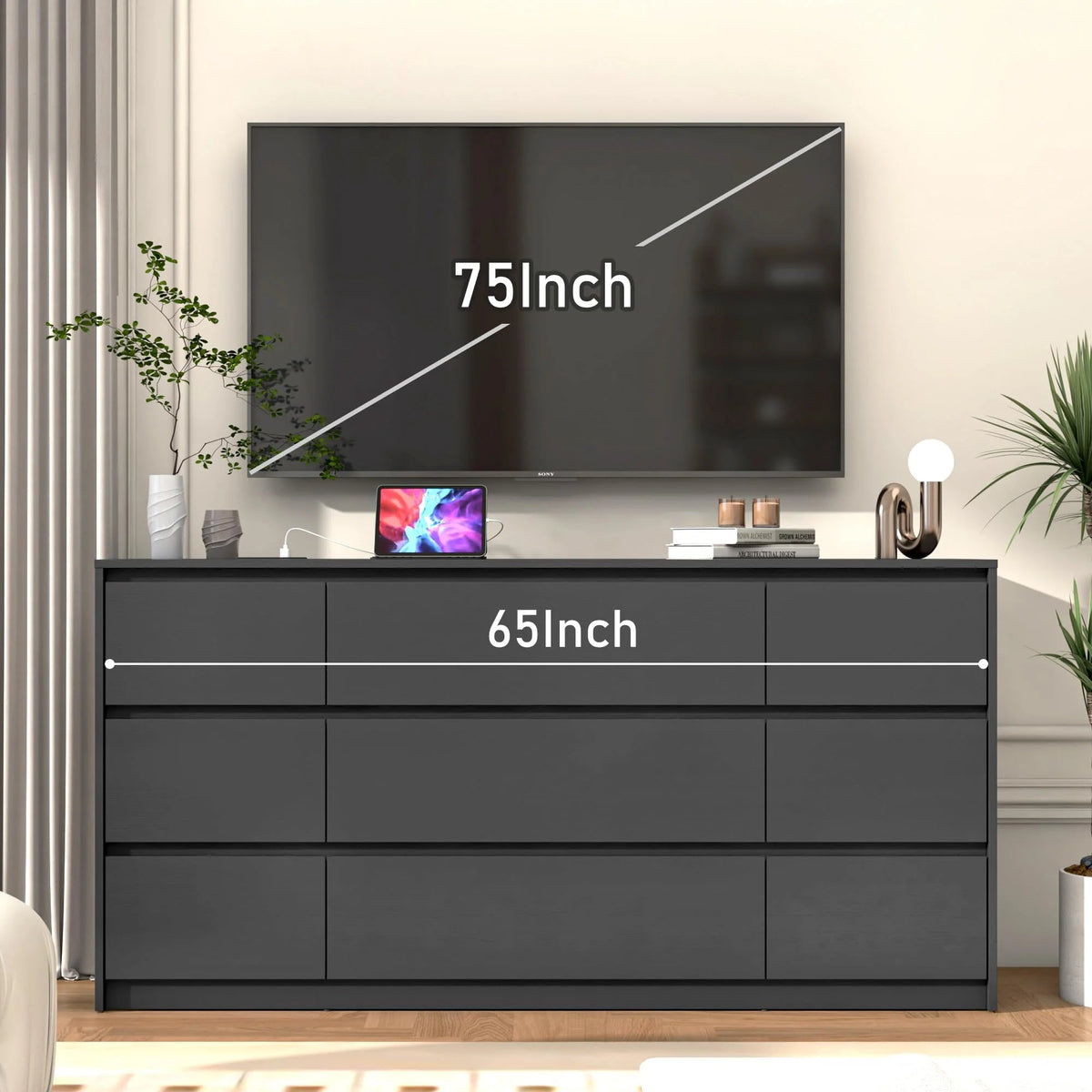 ChVans 9-Drawer Dresser With Charging Station, Black, 63in x 15.7in x 31.5in