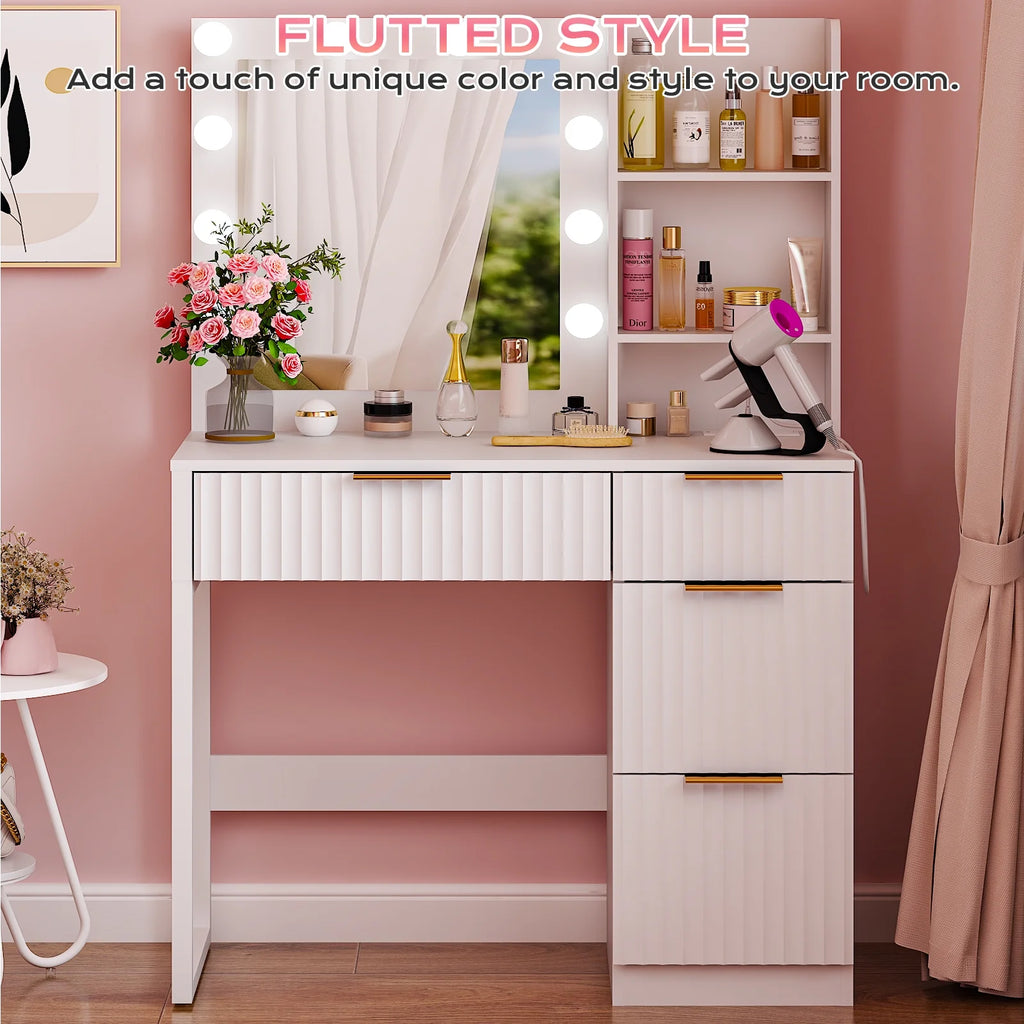 Ktaxon Vanity Makeup Table With Stool, 3-Color Lighted Mirror, 3 Shelves, Drawers, White - 35.43 x 15.55 x 29.53-53.27 in